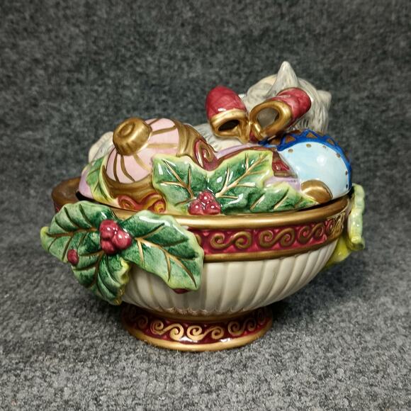 Fitz And Floyd Christmas Cat Trinket Box Porcelain Holiday Kitten Lid Candy Dish - Picture 7 of 11